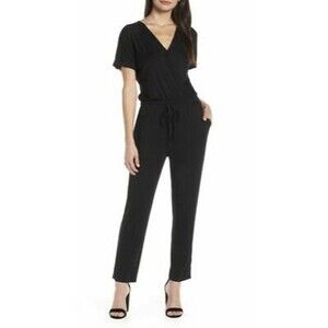 Chelsea28 Faux Wrap Jumpsuit Size S Short Sleeve Drawstring Stretch Black  B8